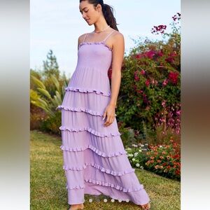 Anthropologie Maeve Ruffled cotton Maxi Dress strapless purple lilac size medium